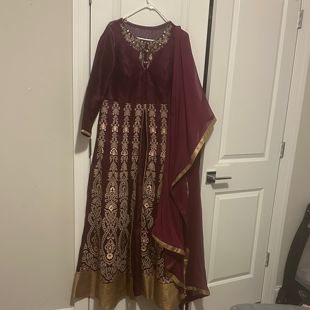 Elegant Maroon and Gold Embroidered Dress